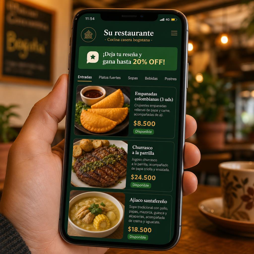 Ejemplo de menú digital mostrado en un celular dentro de un restaurante